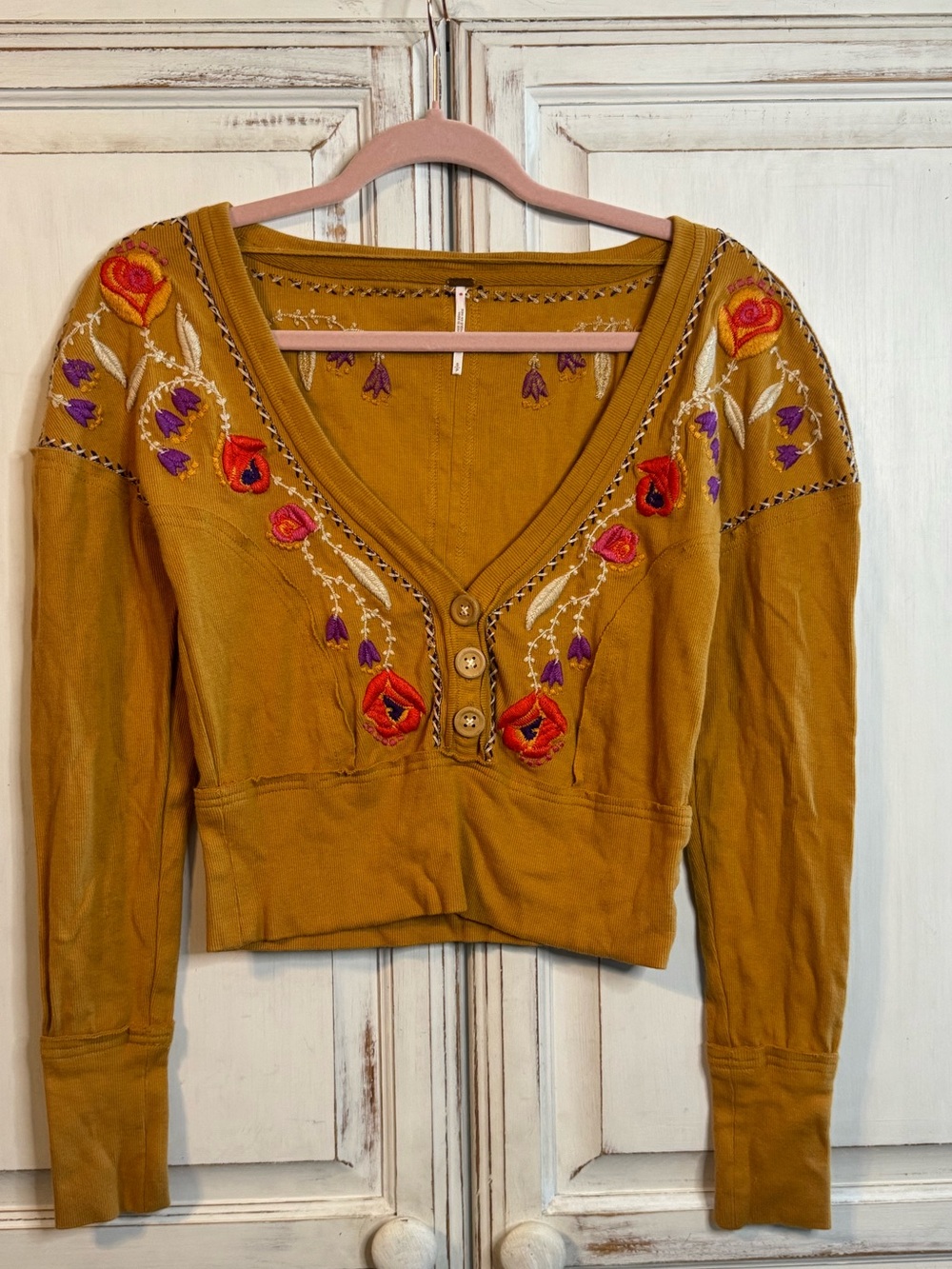 Free people Embroidered V-Neck Cropped sweater